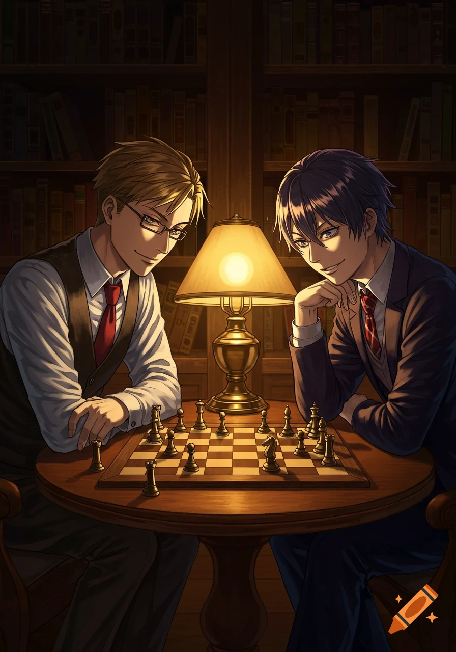 Two anime-style men intently playing chess at a wooden table in a dimly lit library.
