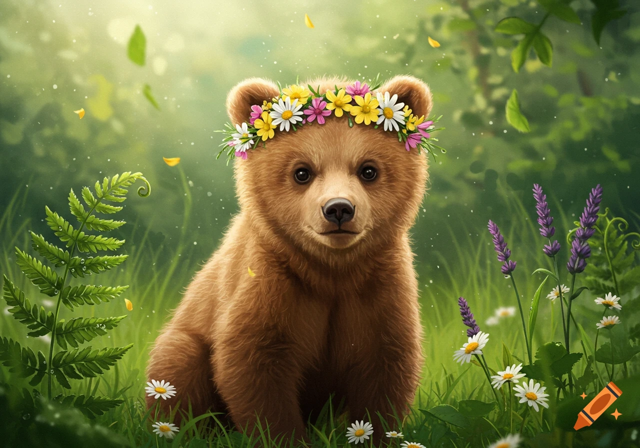 A cute baby bear wearing a colorful flower crown sits in a sunny green forest with falling petals.