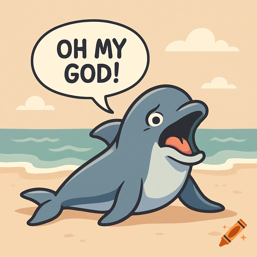 A surprised cartoon dolphin on a beach with a speech bubble saying 'OH MY GOD!'. Cartoon style.