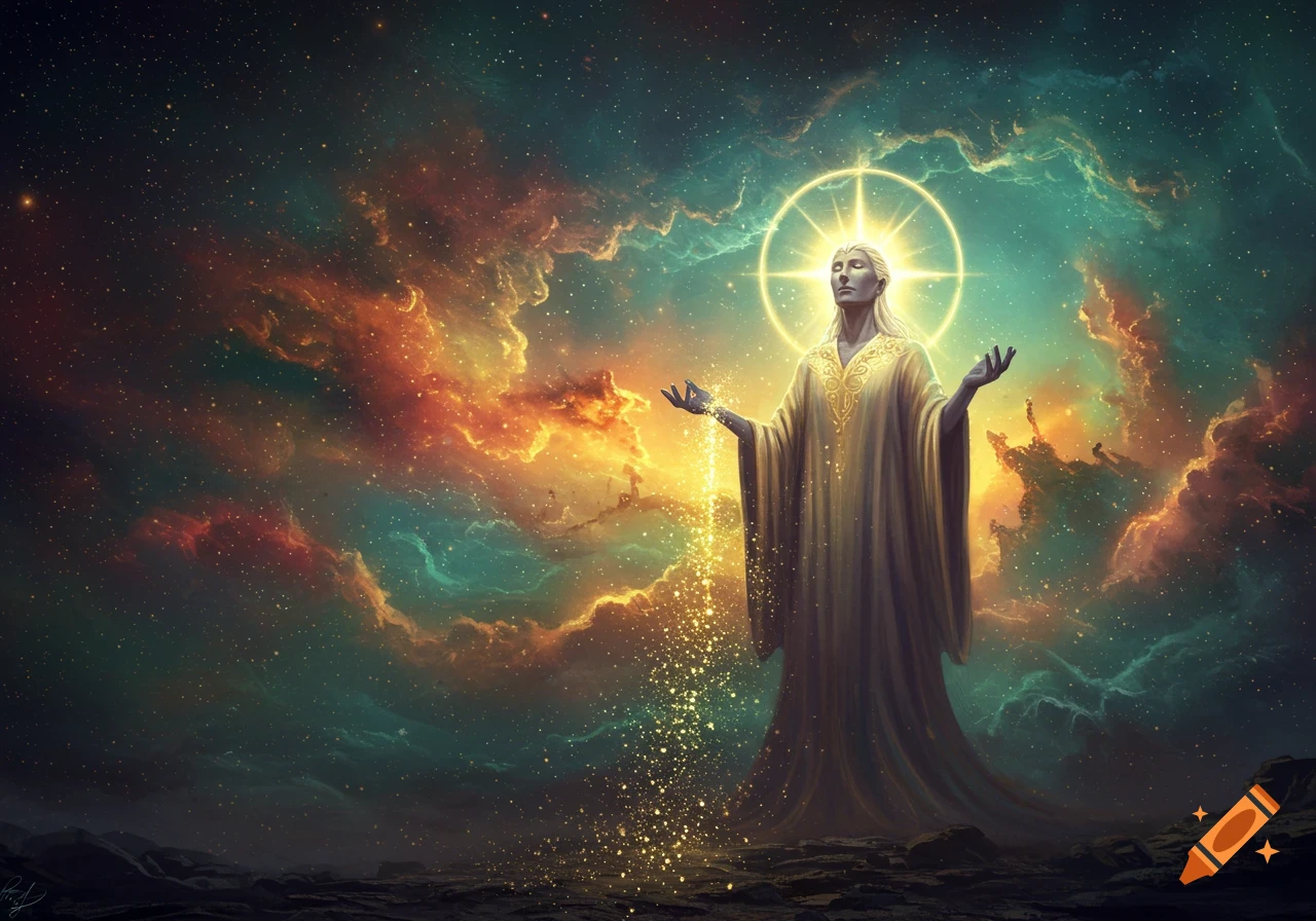 An ethereal figure with long white hair and golden robe stands with outstretched arms under a halo of light in a vibrant cosmic nebula.
