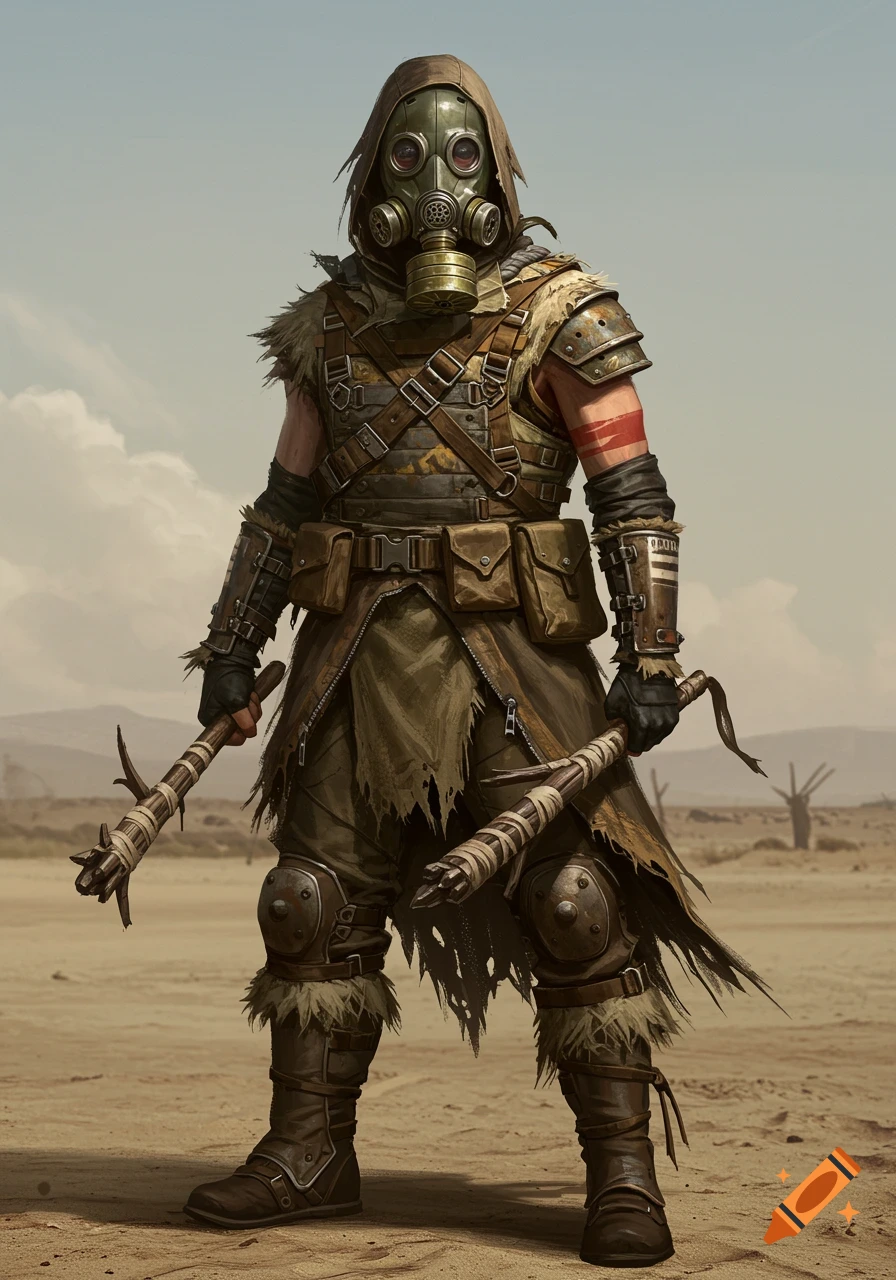A full portrait of a grim post-apocalyptic survivor wearing a green gas mask, hood, and tattered armor, holding makeshift weapons in a desolate wasteland.