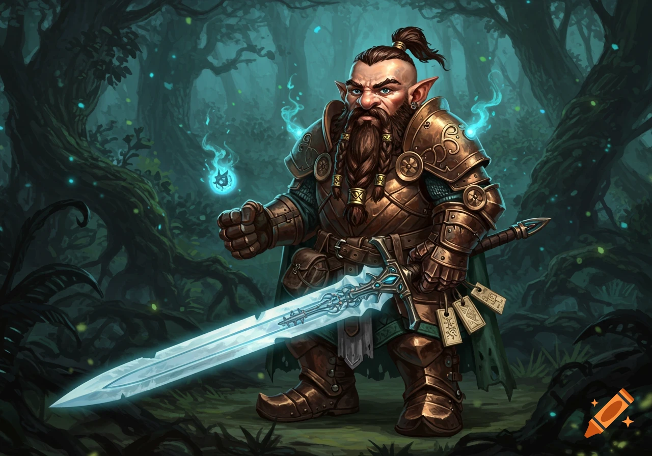 A heavily armored gnome fighter with a beard and ponytail holds a glowing magical sword in a dark fantasy forest.