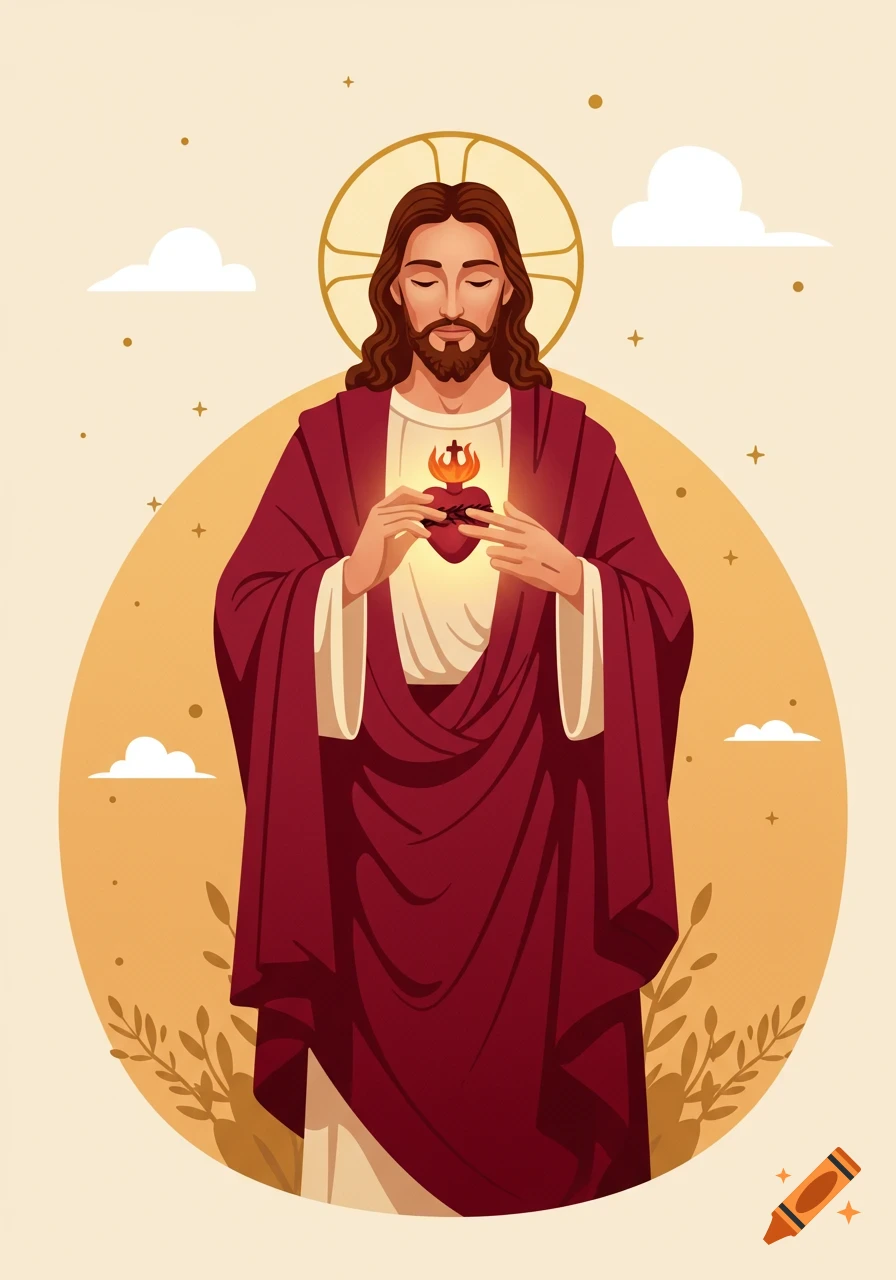 An illustration of Jesus Christ with a sacred heart, a halo, and golden light, on a warm background with clouds.