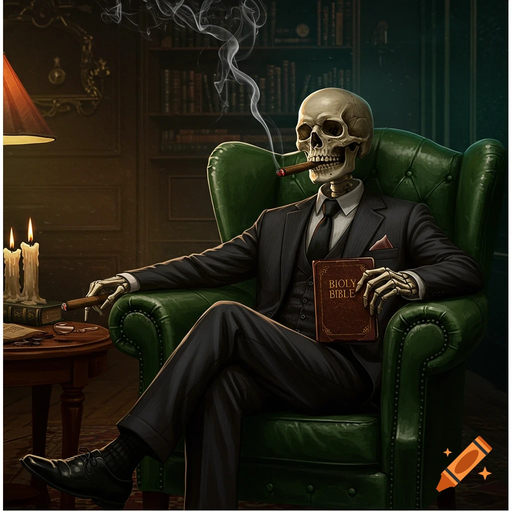 A skeleton in a suit sits in a green armchair, smoking a cigar and holding a book in a dimly lit study.