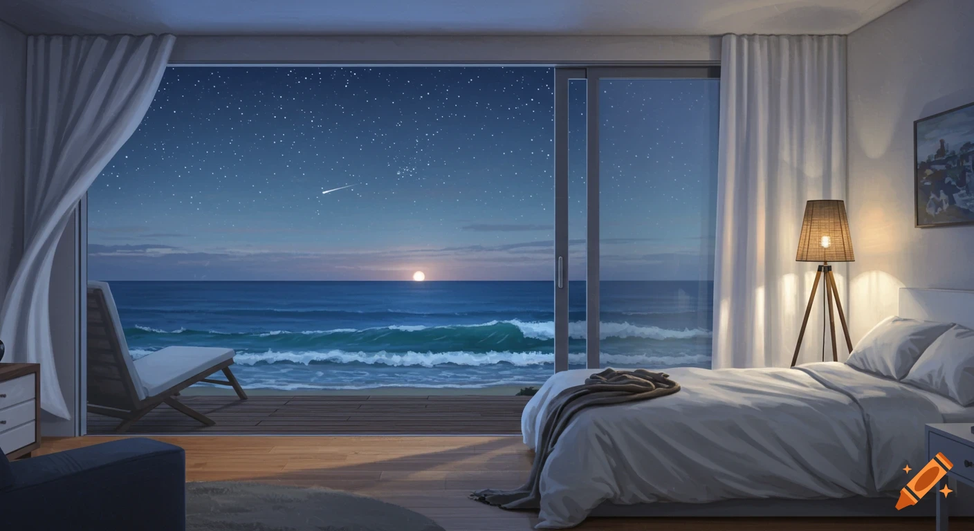 A modern bedroom overlooks the ocean at night, revealing a starry sky, a bright moon, and crashing waves from a sliding door.