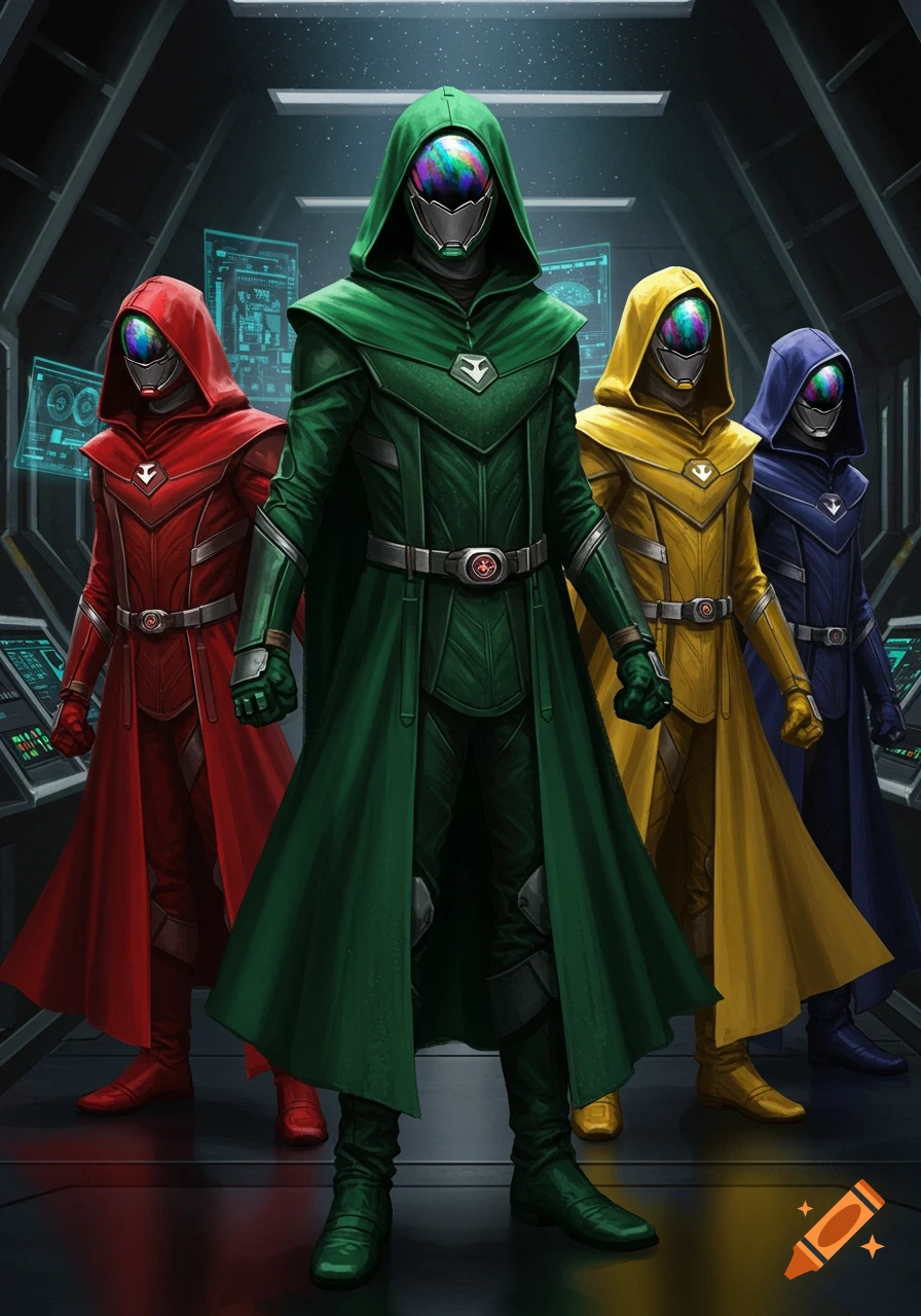 Four figures in futuristic, colorful cloaked armor and helmets stand in a spaceship interior.