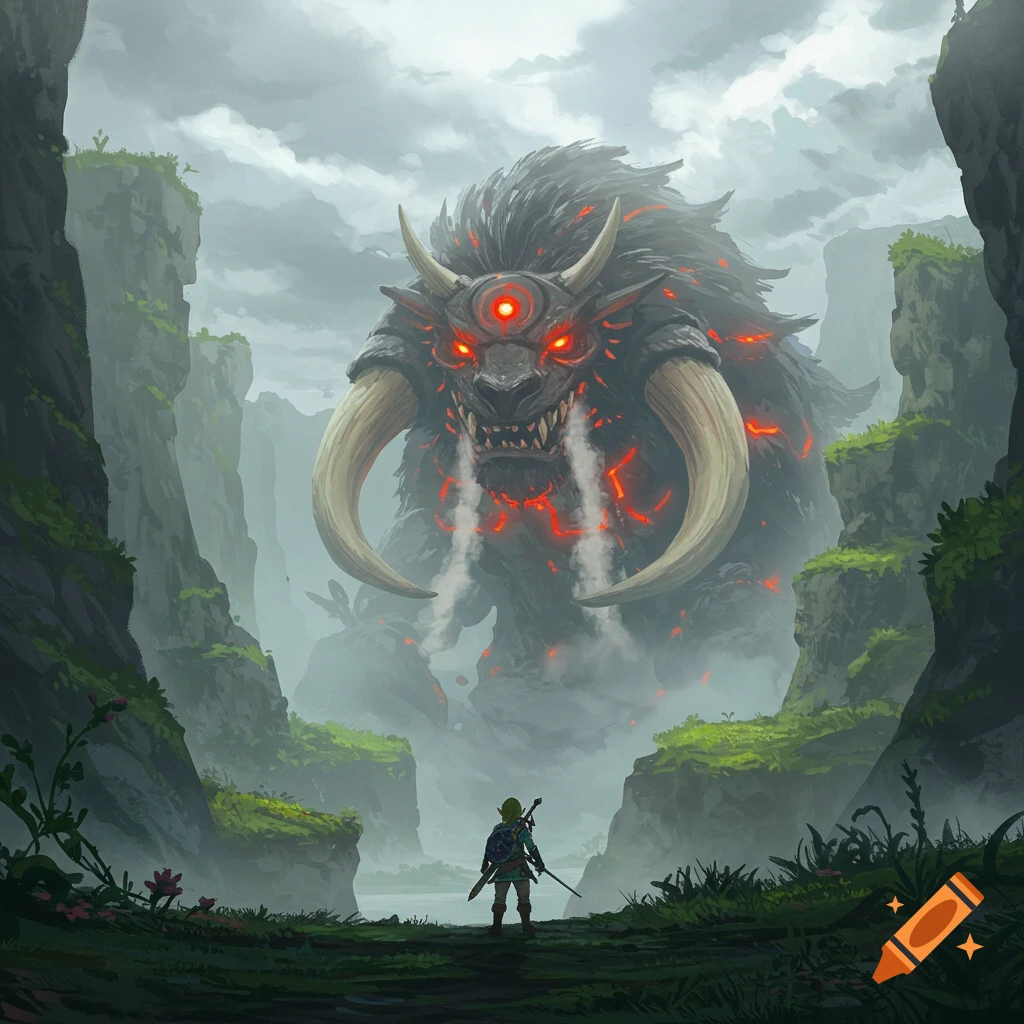 A small hero in green faces a colossal, dark furry monster with glowing red eyes and tusks in a misty, rocky canyon.