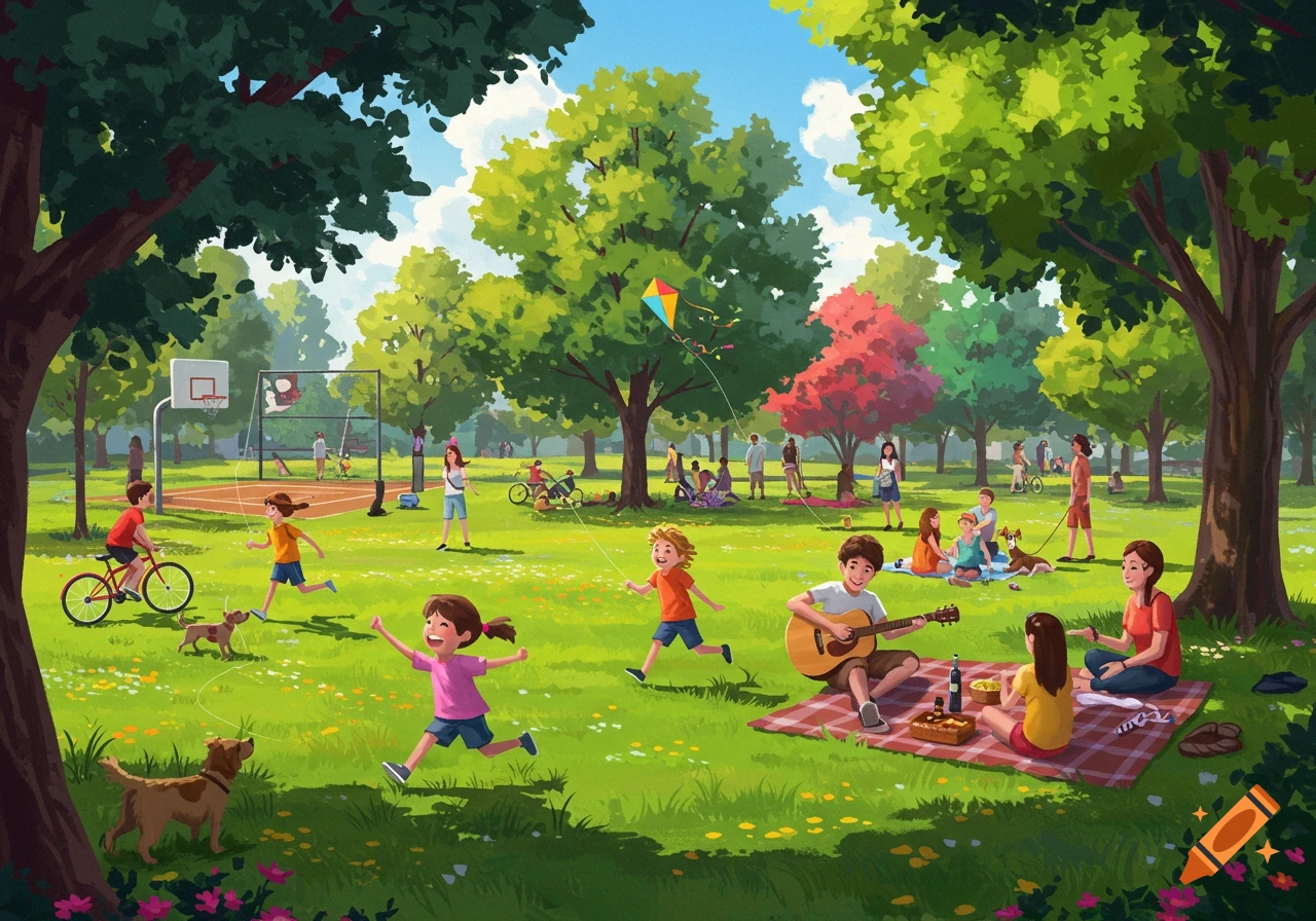 A vibrant digital illustration of a sunny park with people, kids, and dogs enjoying various activities like picnicking, cycling, and flying a kite.