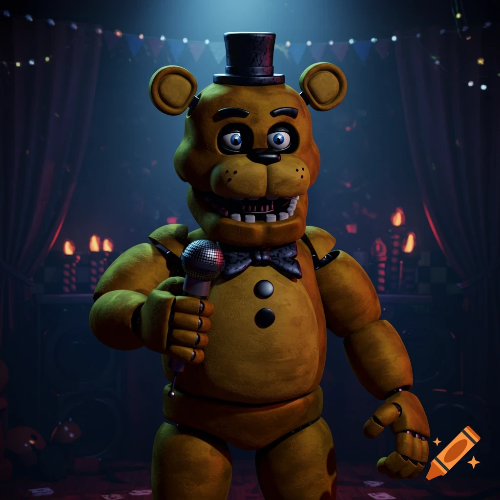A golden-brown animatronic bear with a top hat and bowtie holds a microphone on a dimly lit stage.