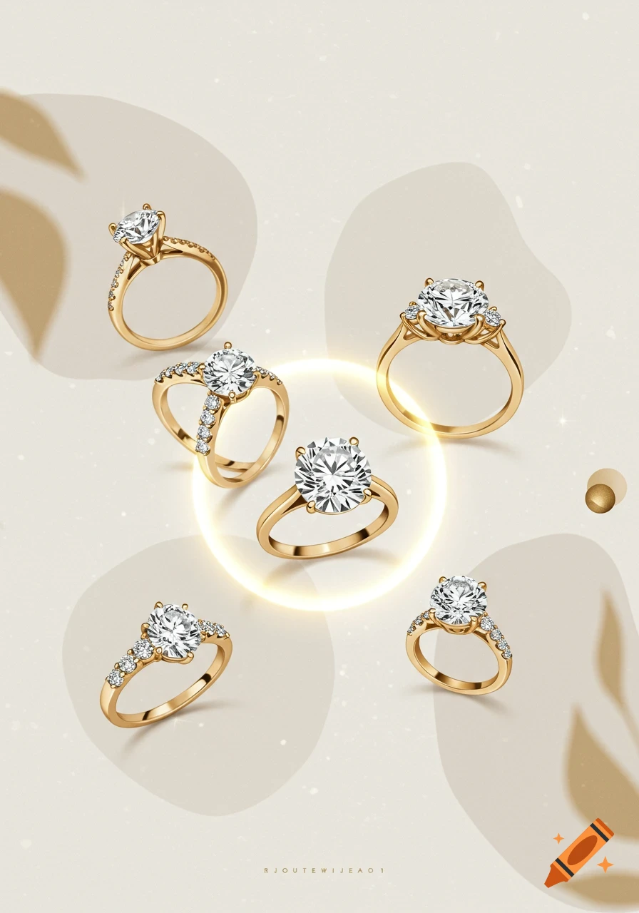 Multiple gold diamond rings with various settings arranged on a light, minimalist background with subtle organic shapes.