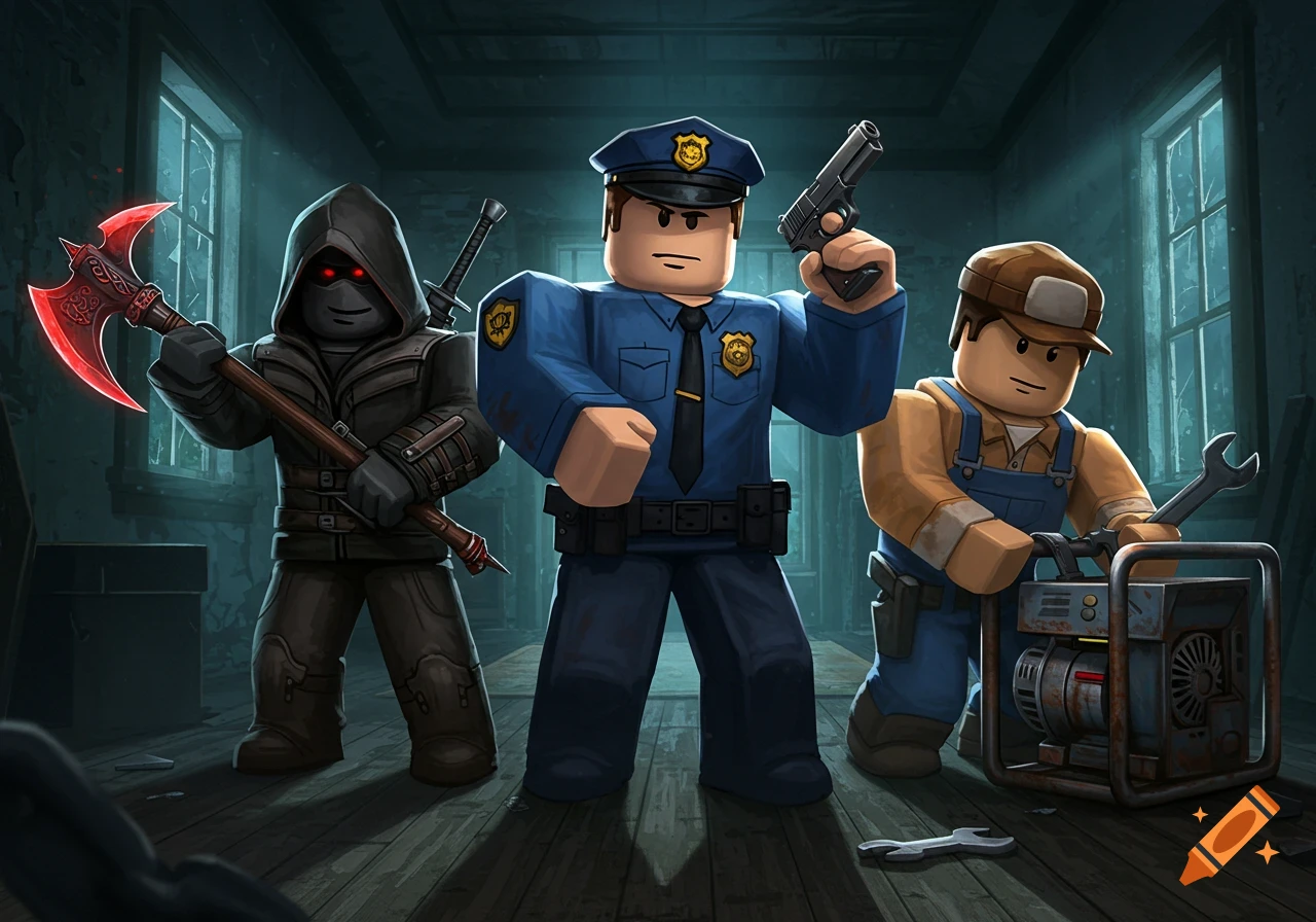 Three Roblox-style characters, an assassin with an axe, a police officer with a pistol, and a mechanic fixing a generator, stand in a dark, abandoned house.