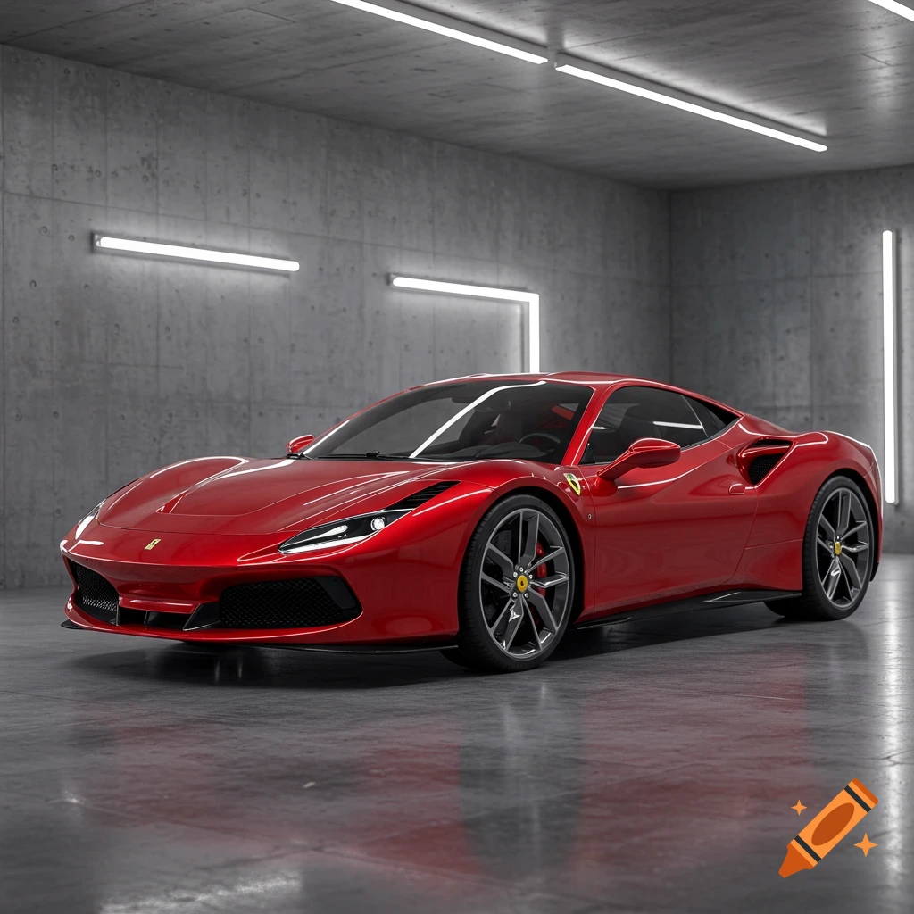 A red Ferrari F8 sports car parked in a modern concrete garage with white fluorescent lights.