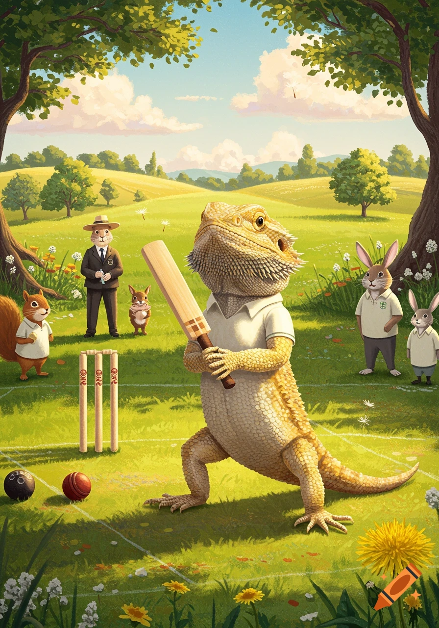 Cartoon bearded dragon plays cricket with other animals in a sunny field.