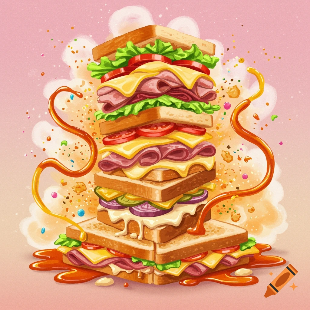 A giant, multi-layered sandwich overflowing with meats, cheeses, vegetables, and sauces in a vibrant, illustrative style.