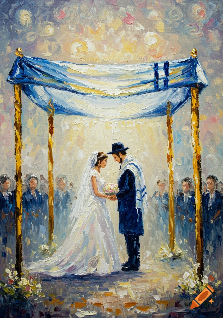 Impressionistic oil painting of a Jewish wedding ceremony, with a bride and groom standing under a chuppah.