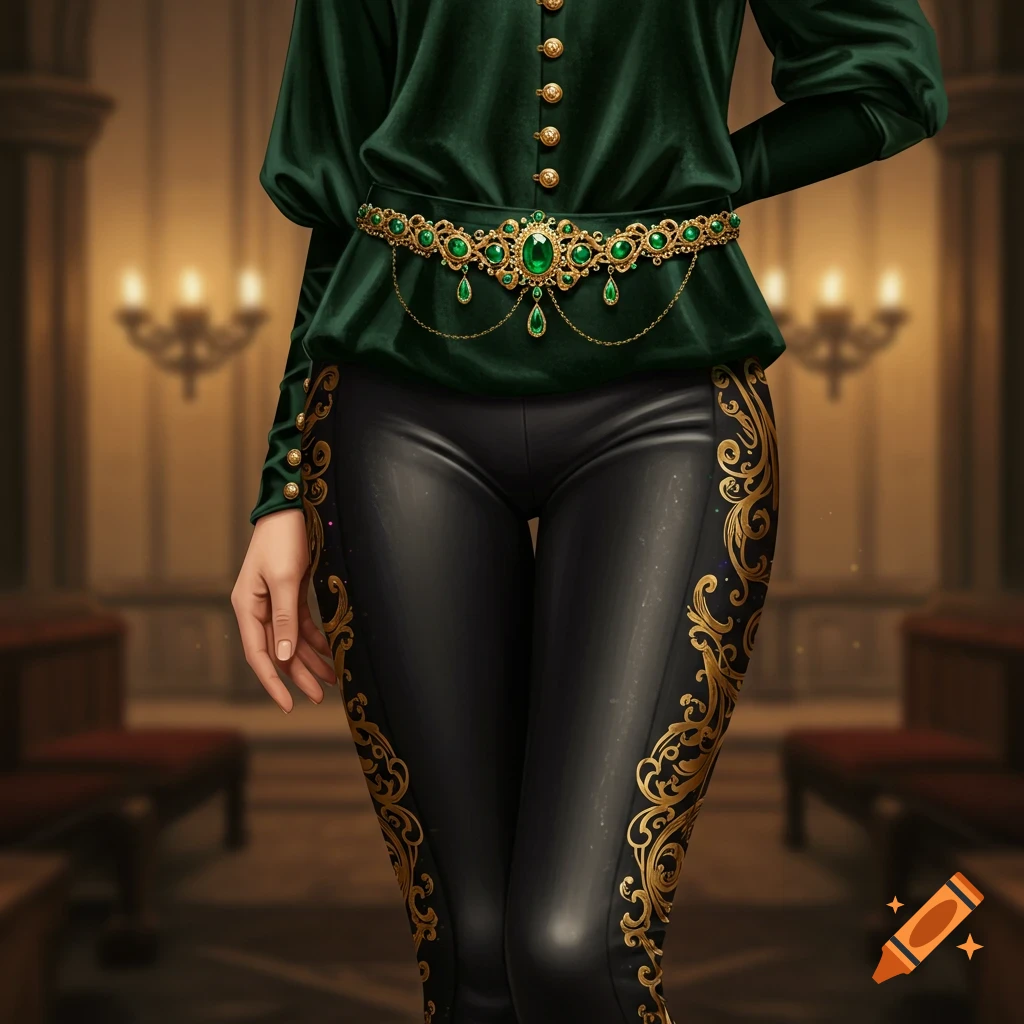 A person wears a dark green velvet blouse, a gold and green jeweled belt, and black leather pants with gold filigree, in a regal setting.