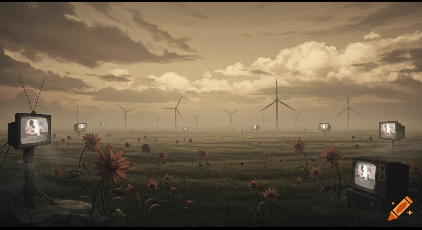 A surreal, sepia-toned landscape features a field of red flowers and many retro televisions displaying static, with wind turbines in the hazy distance under a cloudy sky.