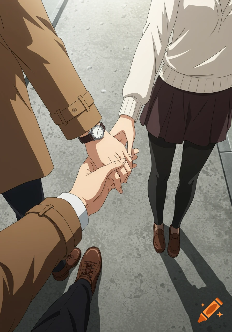 An anime image from a first-person perspective looking down at two people holding hands on a street. One person wears a brown trenchcoat and brown shoes, the other a white sweater, brown skirt, black leggings, and brown shoes.