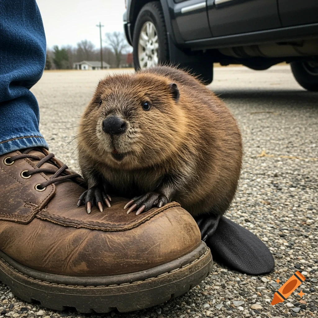 A fluffy brown beaver with small paws sits on a large weathered brown work boot. A person's jean-clad leg is visible, with a blurred car in the background.