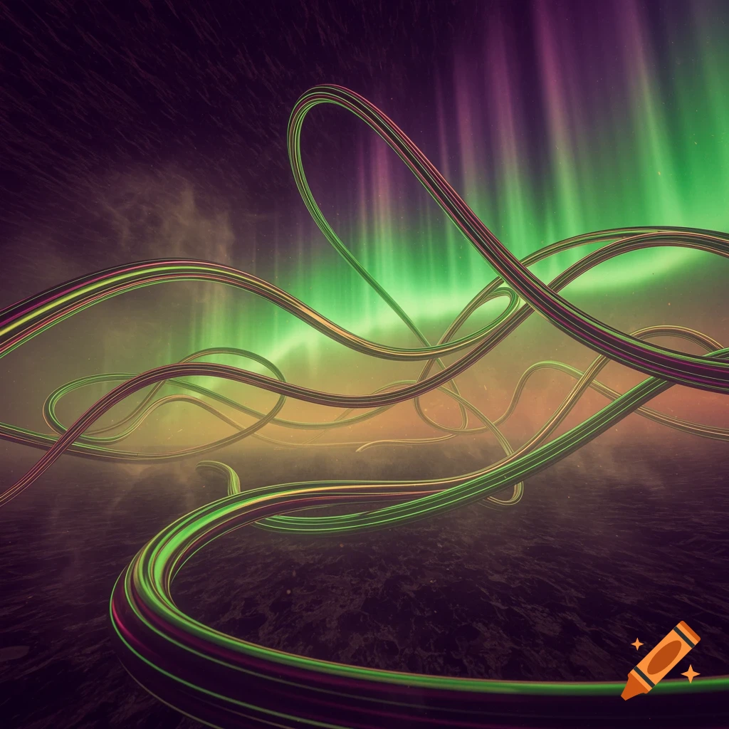 Abstract image of glowing green and purple tubes over a dark surface under a vibrant aurora borealis sky.