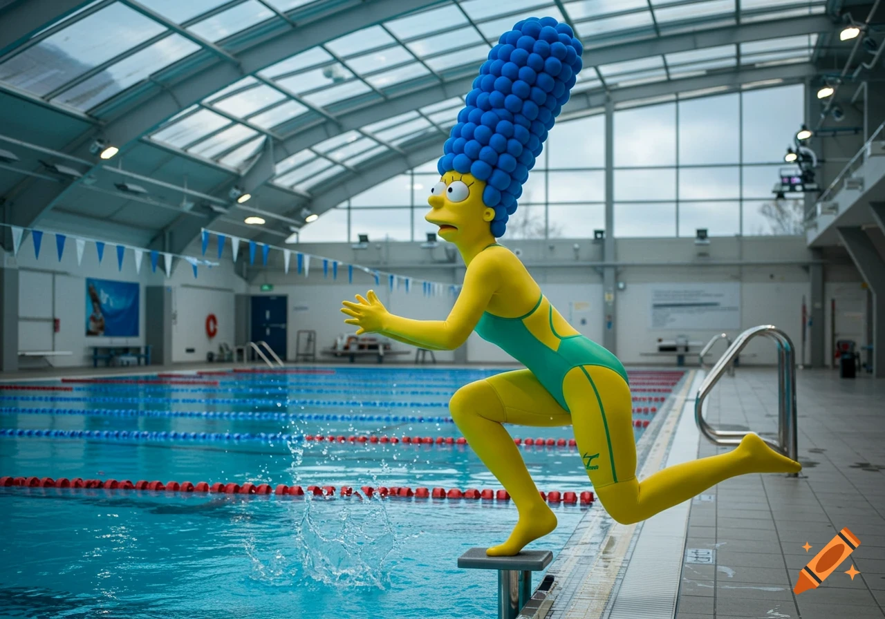 Marge Simpson in a green swimsuit poised on a diving block at an indoor swimming pool, with water splashing.