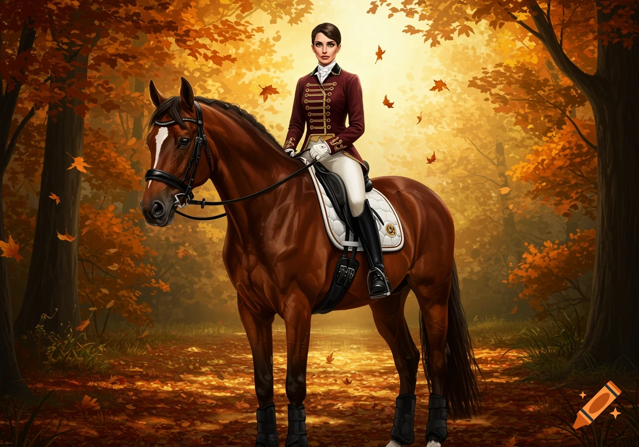 A woman in equestrian attire rides a brown horse through an autumn forest with fallen leaves.