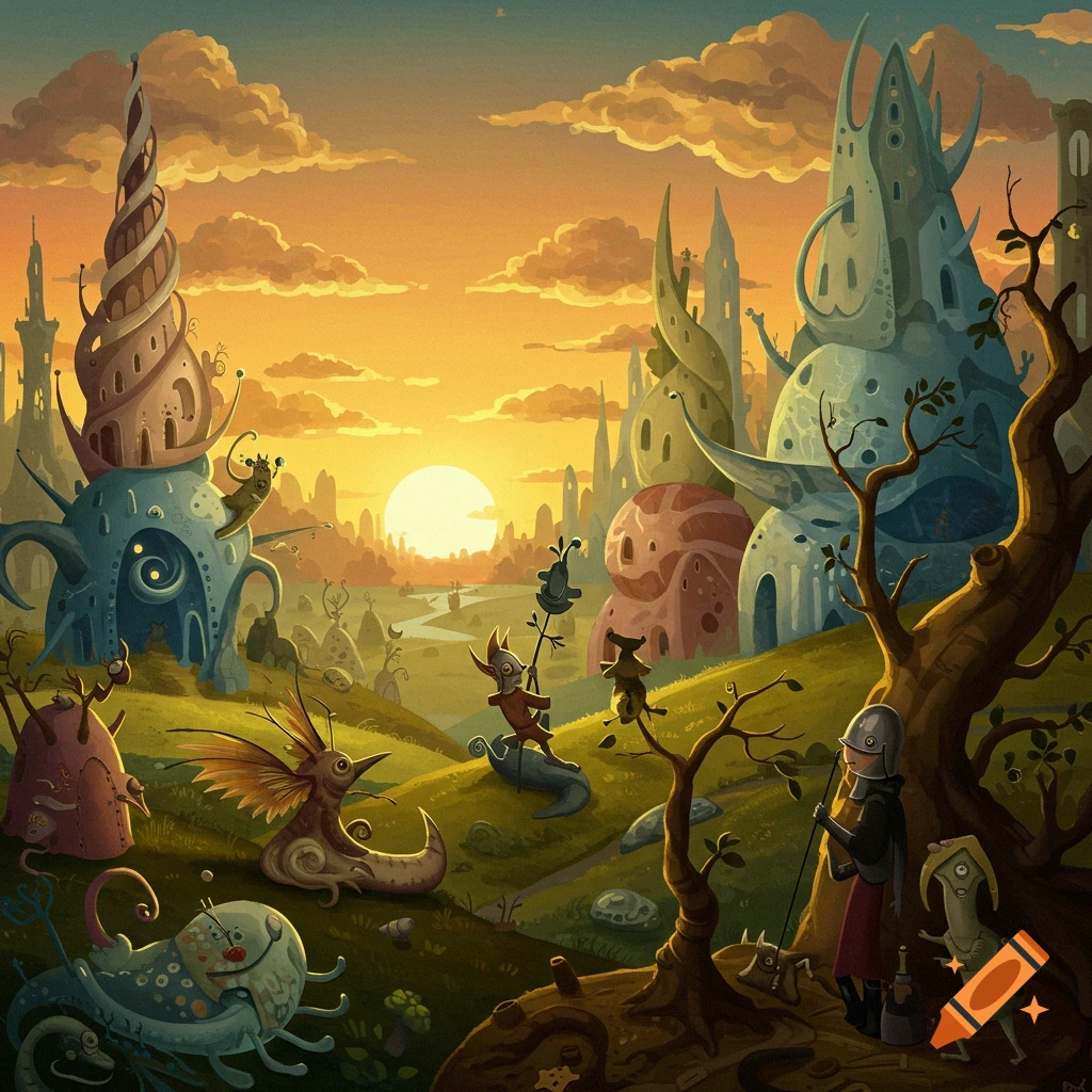 A whimsical, surreal landscape with strange creatures and fantastical, organic buildings under a sunset, in the style of Hieronymus Bosch.