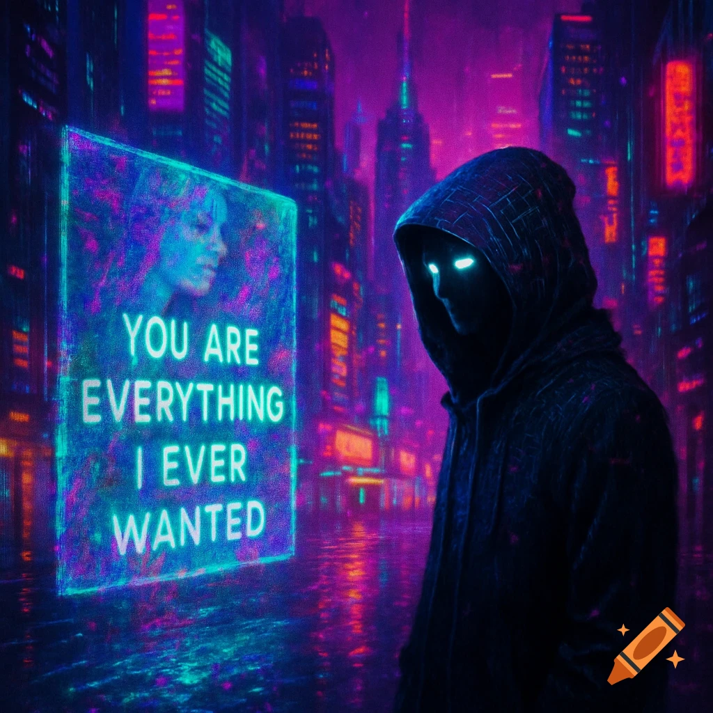 Hooded figure with glowing eyes in a neon cyberpunk city street, looking at a glowing holographic screen with a distorted face and the text 'YOU ARE EVERYTHING I EVER WANTED'.