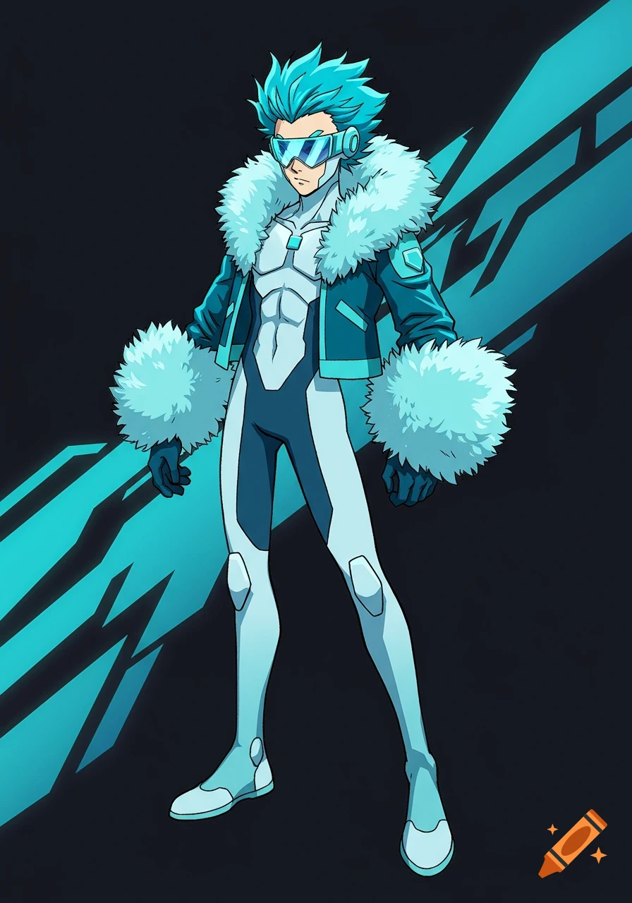 A male teenager with spiky cyan hair, wearing a white and cyan jumpsuit with a blue fur-collared jacket and a visor, in an anime style.