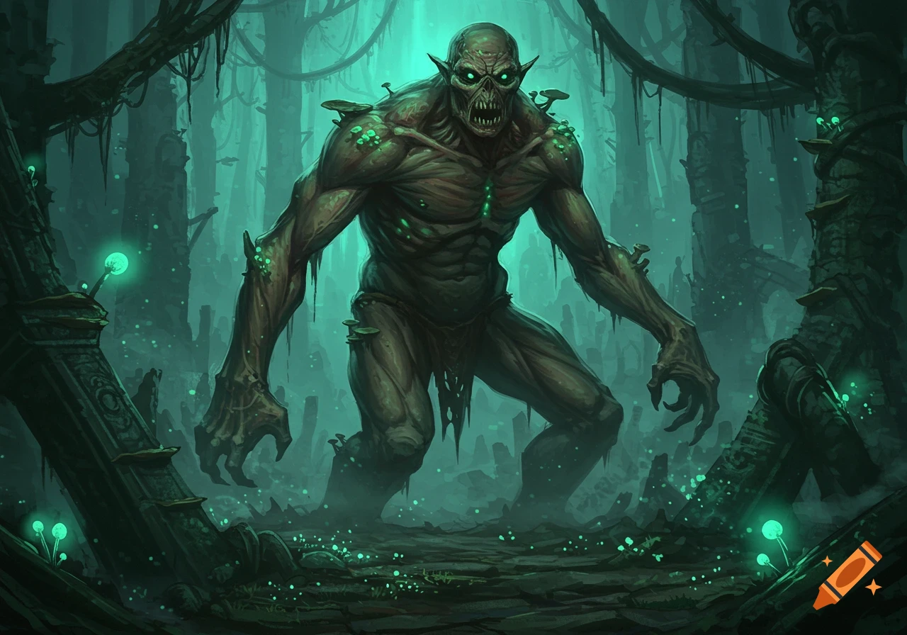 A fearsome green human-snake hybrid monster with glowing eyes, fangs ...