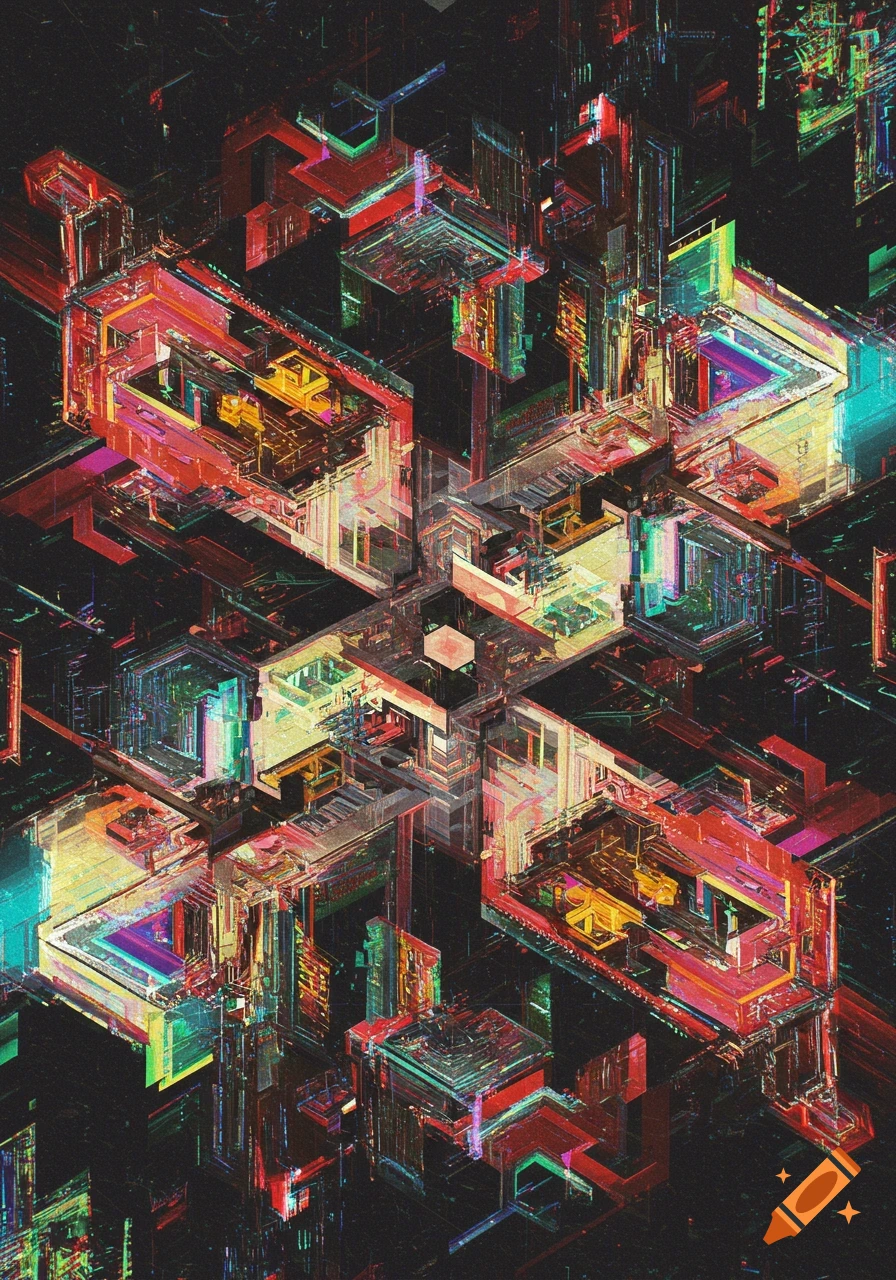 Abstract digital art with intricate, glowing neon geometric structures in a chaotic, glitchy style on a dark background.