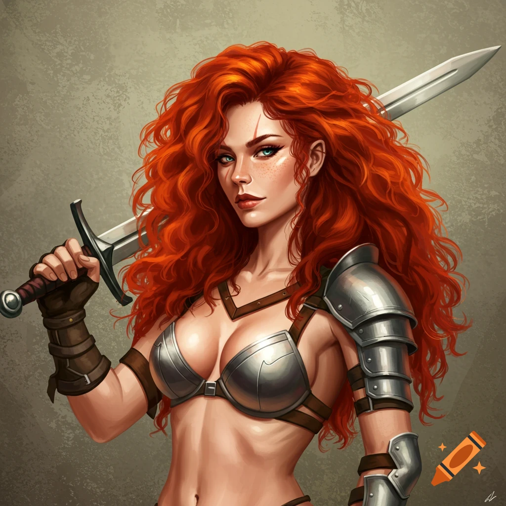 A fierce red-haired female warrior in silver armor holds a sword over her shoulder, rendered in a detailed digital art style.