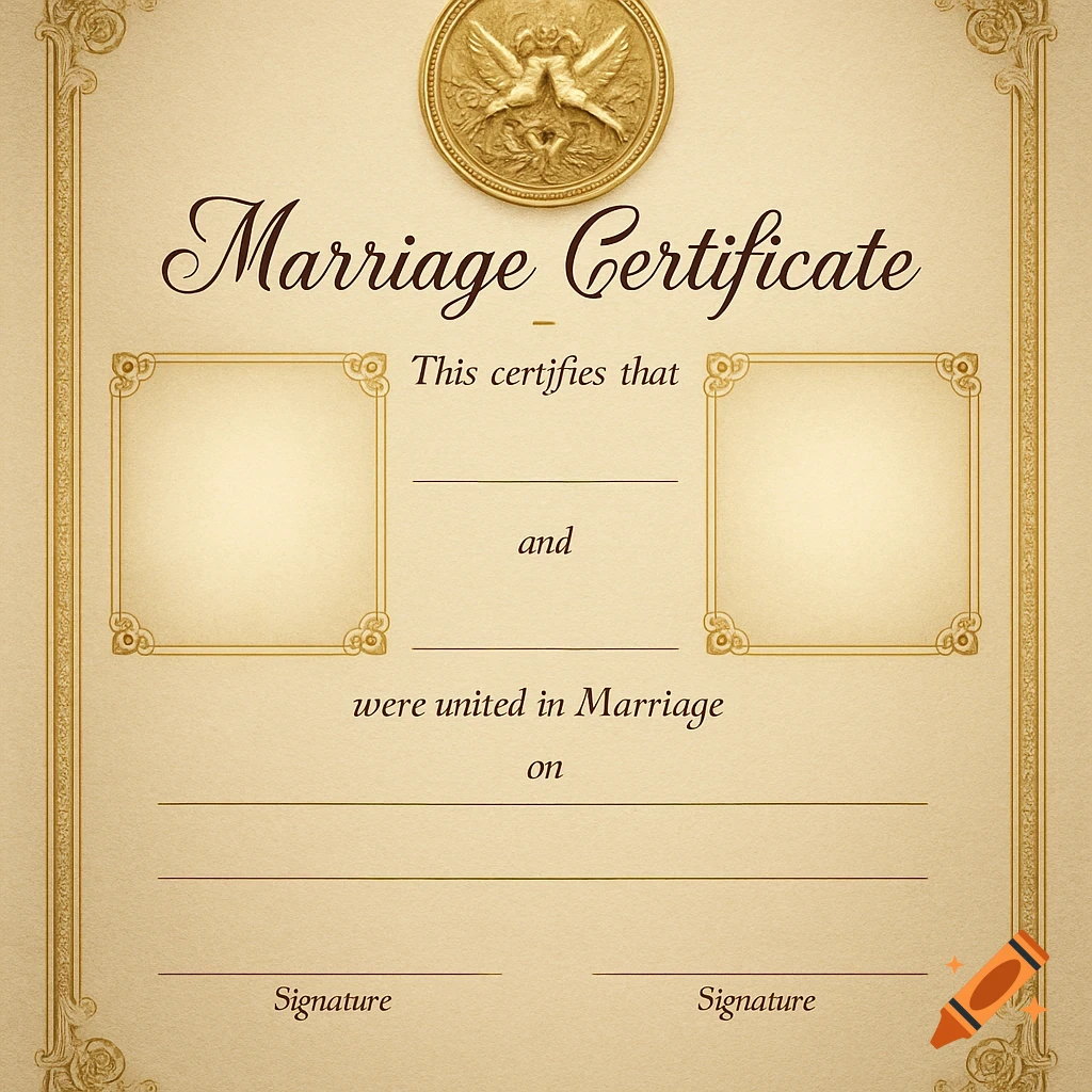 A vintage-style marriage certificate with ornate gold borders, a central gold seal, and blank lines for names, date, and signatures.