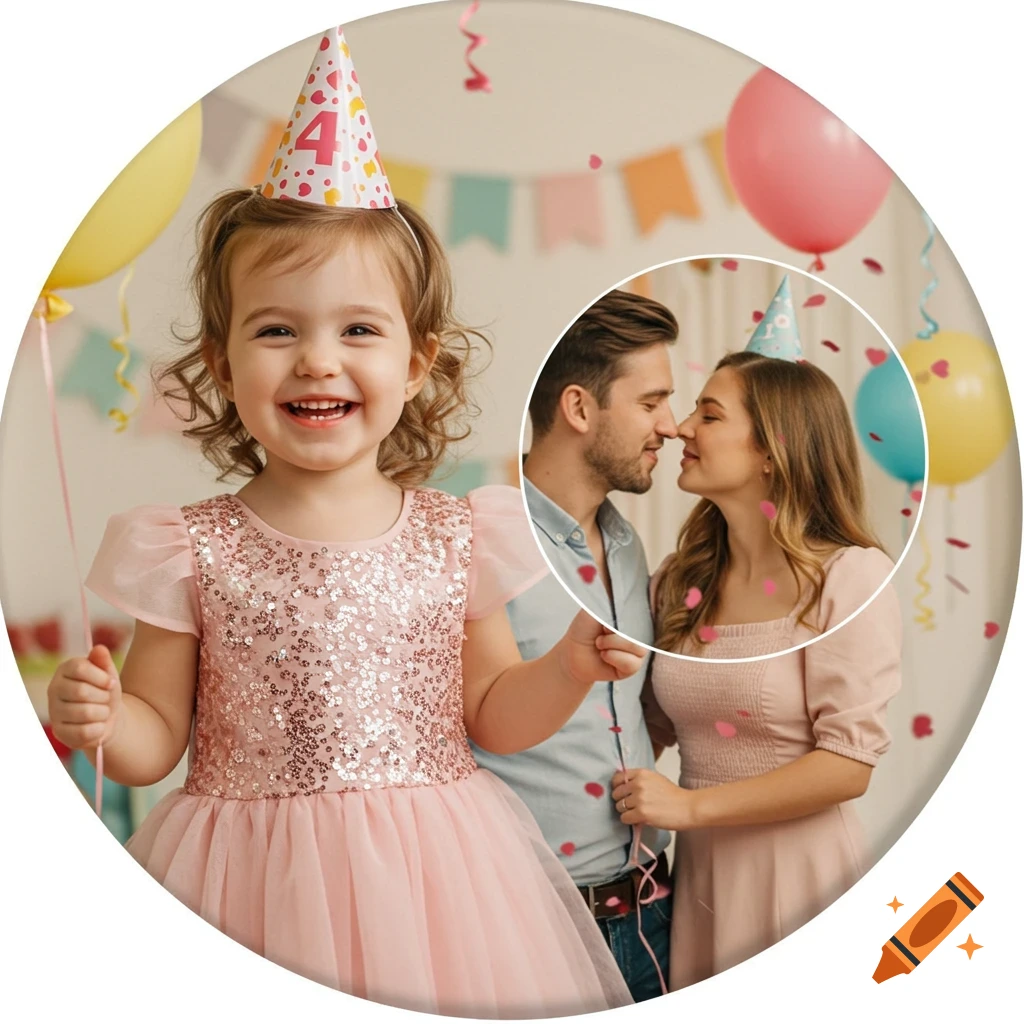 A smiling girl in a pink dress and '4' birthday hat, with an inset of a couple, surrounded by balloons and confetti.