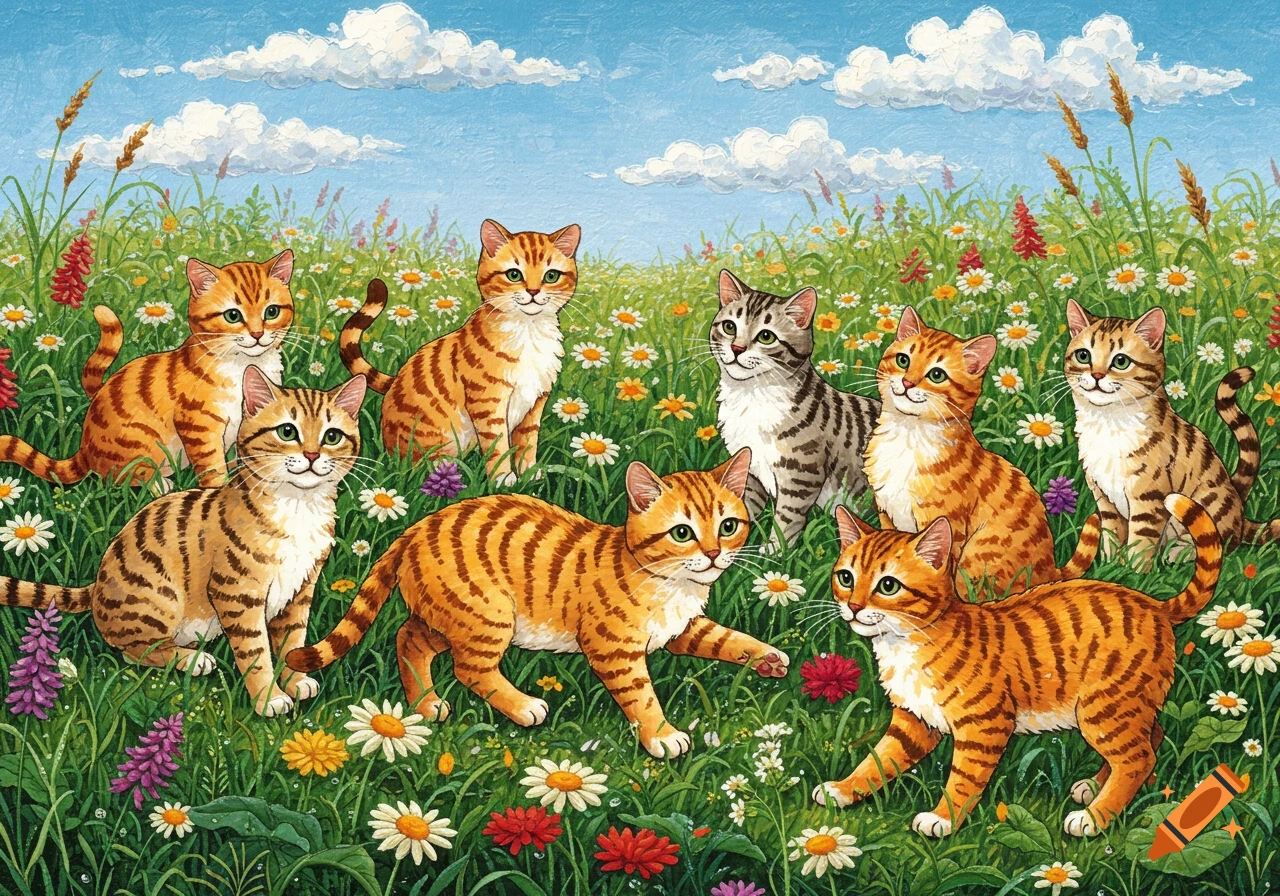 Multiple orange and tabby cats play in a vibrant meadow filled with colorful flowers under a blue sky, in an illustrative style.