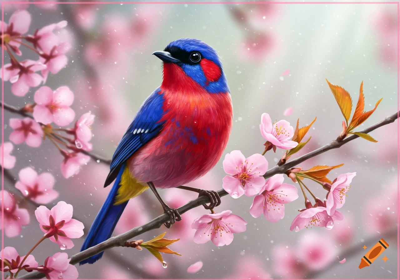 A vibrant blue and red bird with yellow markings perches on a branch adorned with delicate pink cherry blossoms and water droplets.