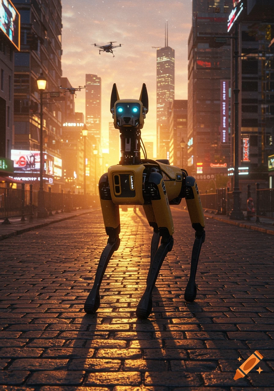 A yellow robotic dog stands on a cobblestone street in a photorealistic futuristic city at sunset, with drones overhead.