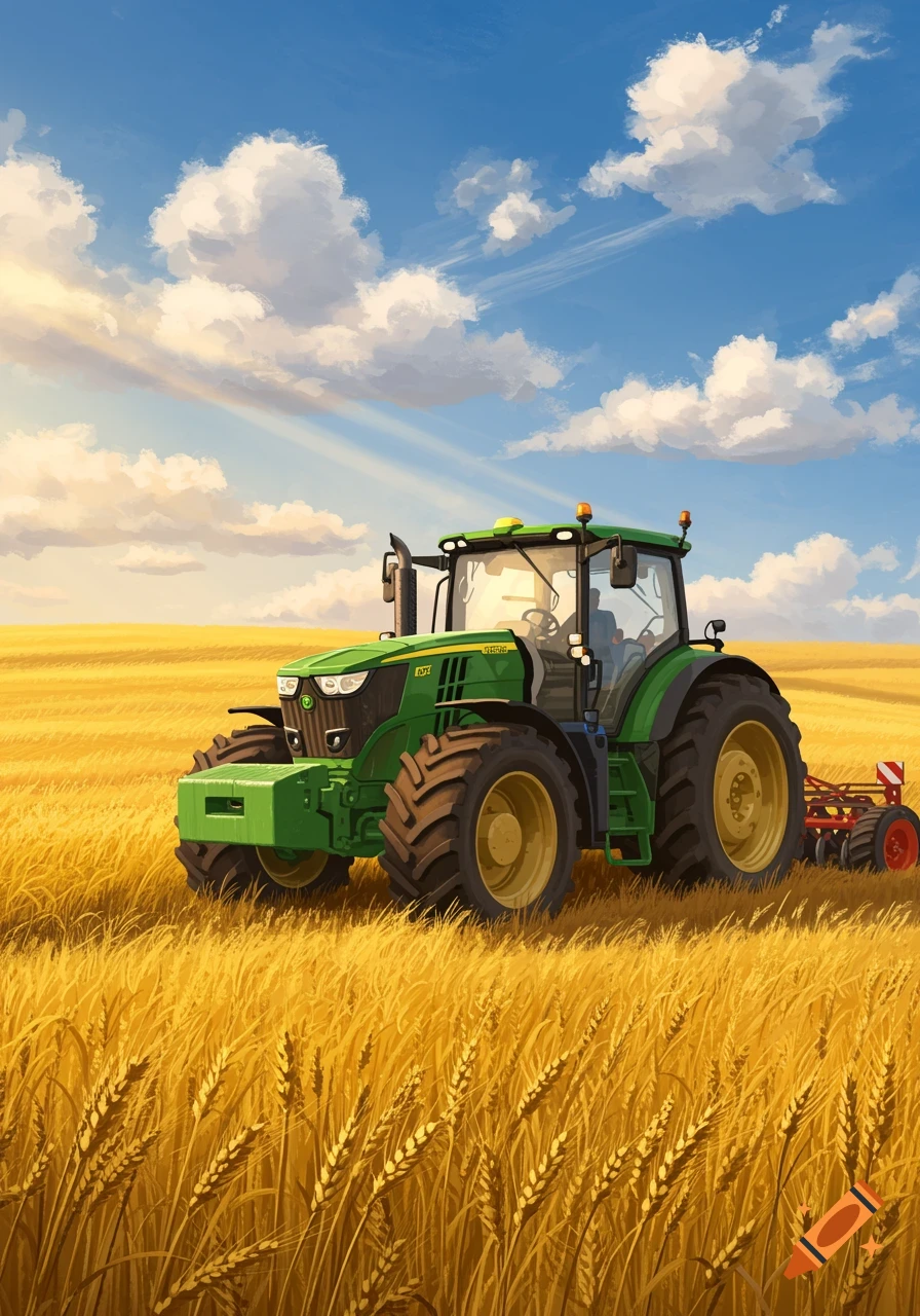 A vibrant green tractor with a plow attachment sits in a golden wheat field under a blue sky with scattered white clouds, in an illustrative style.