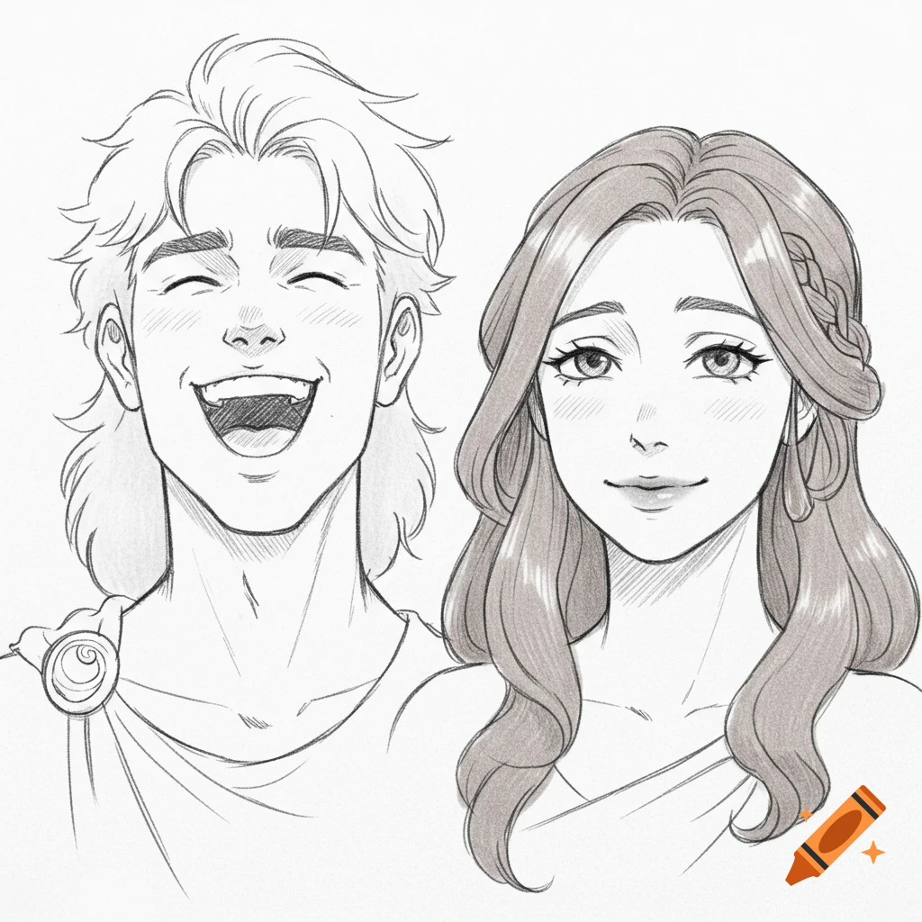 Pencil sketch of a laughing man and a smiling woman, both with anime-style features and long hair.