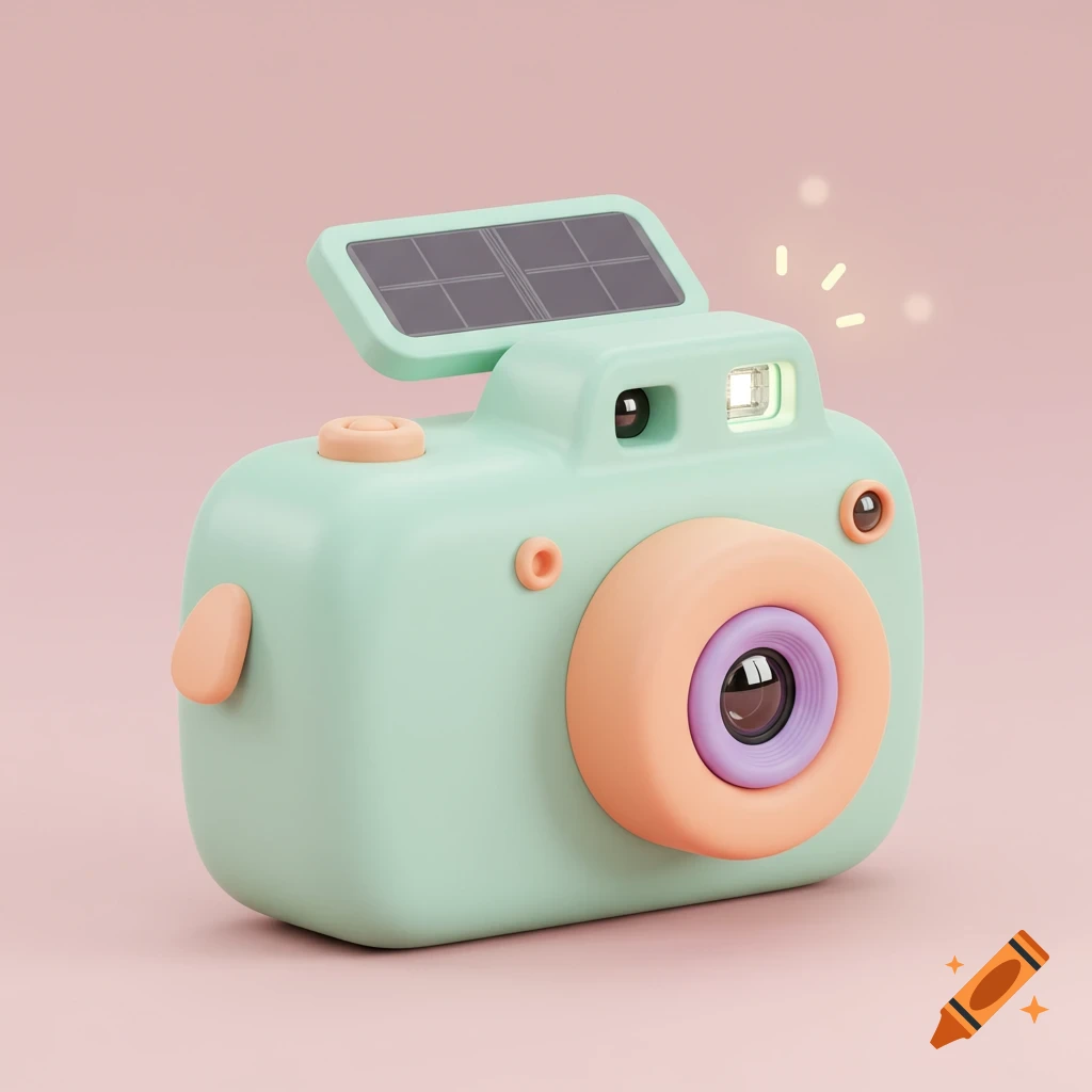 A pastel mint green and peach toy camera with a solar panel on top, a glowing flash, and a purple lens, rendered in a cute 3D style.