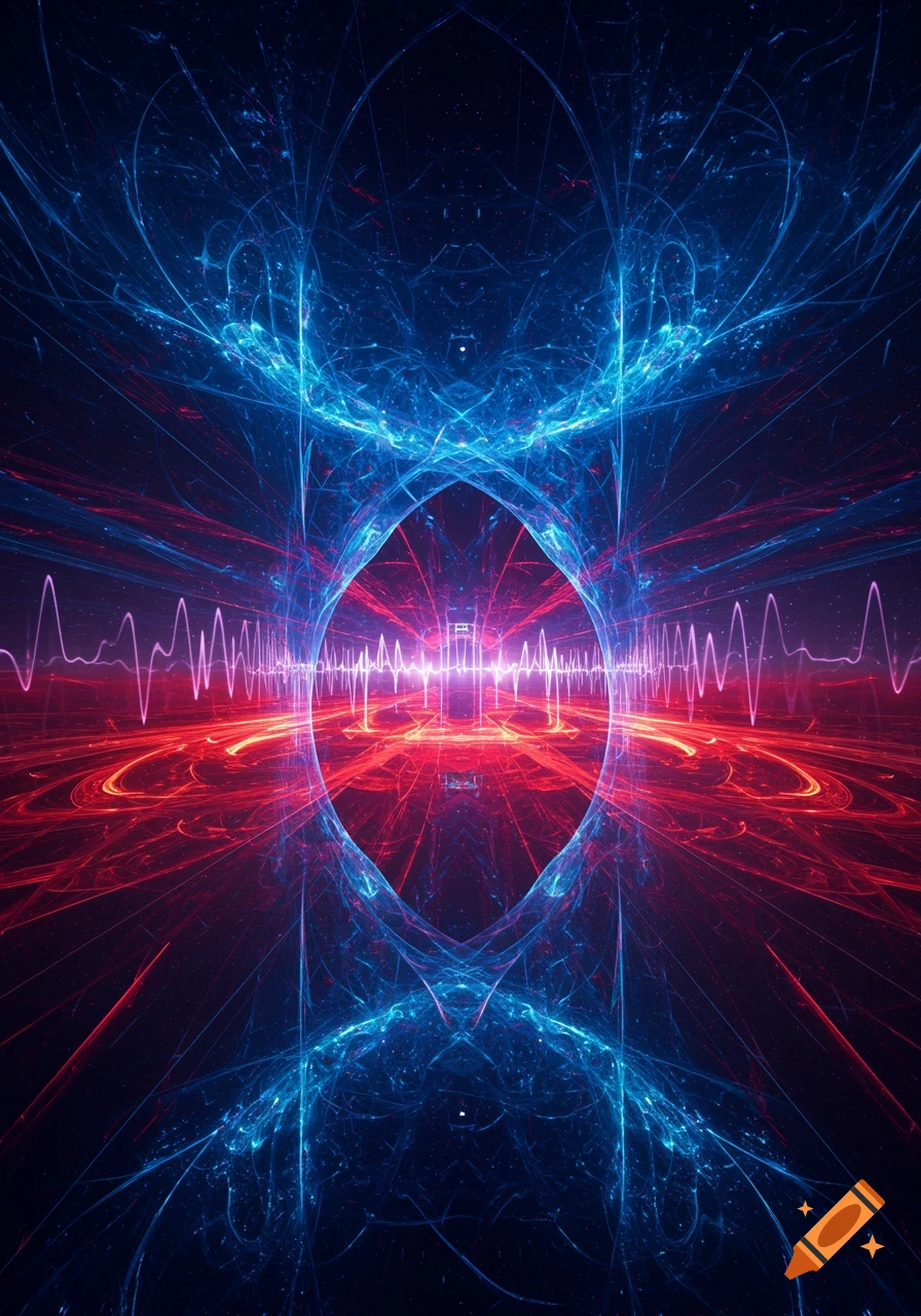 Abstract digital art with symmetrical glowing blue and red lines, wave patterns, and a bright center.
