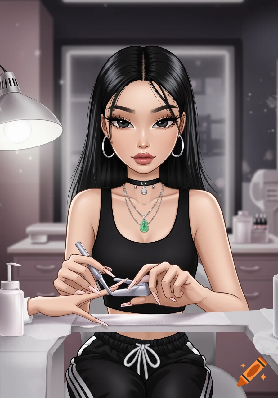 An illustration in Bratz doll style of an Asian nail technician with long black hair and acrylic nails, wearing a black top and sweatpants, doing a client's nails at a salon table.