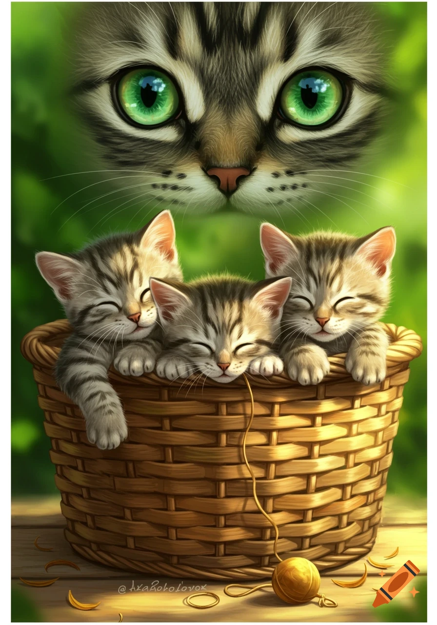 Close-up of a cat's green eyes above three sleeping tabby kittens in a wicker basket.