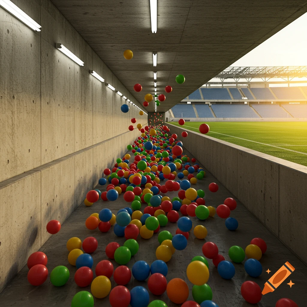 Colorful balls bounce along a concrete corridor leading to a brightly lit sports stadium field under a sunny sky.