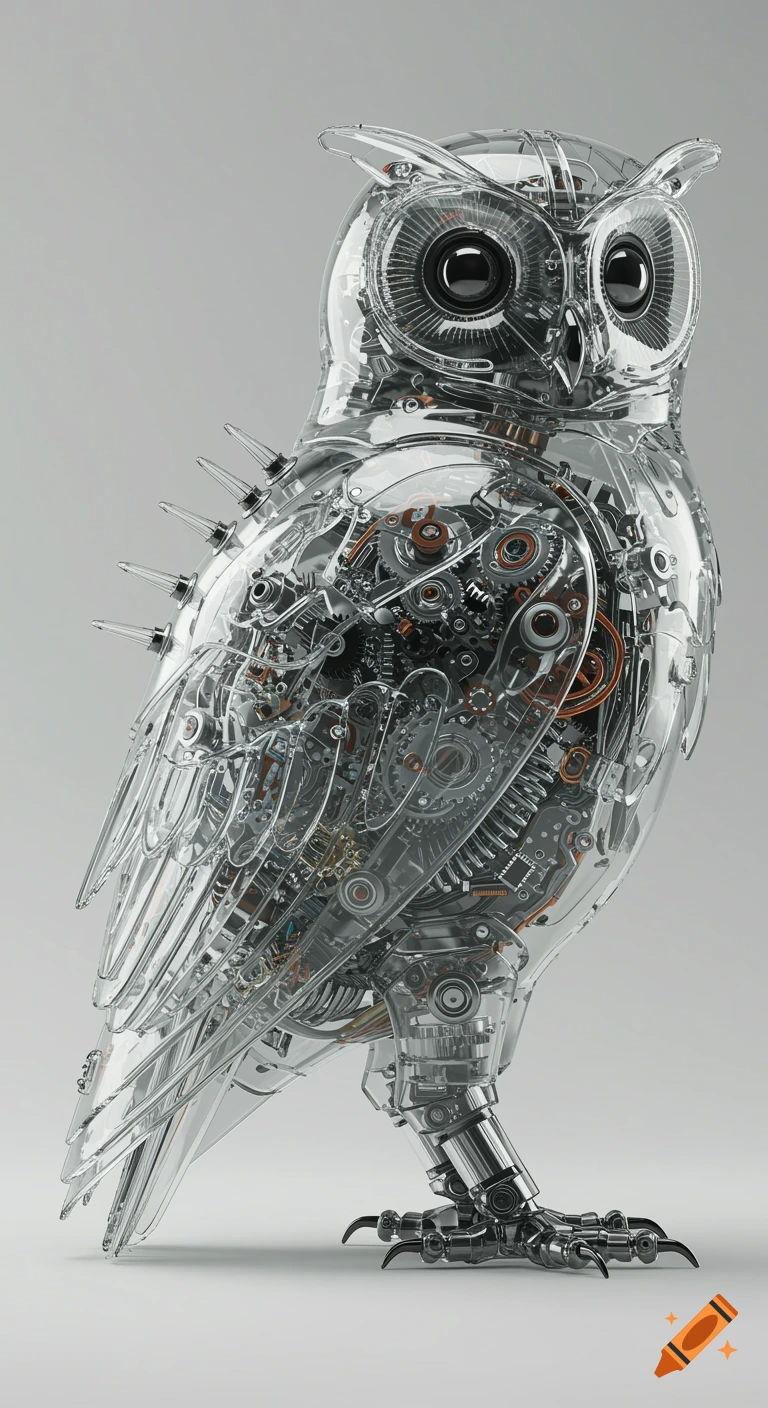 A transparent mechanical owl with intricate internal gears and circuits, standing on a minimalist gray background.