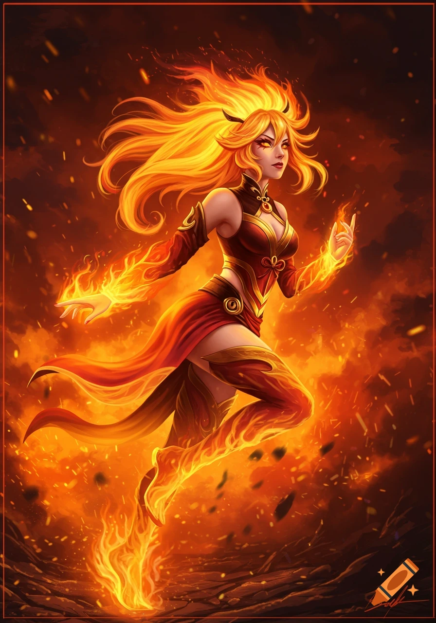Cartoon Girl With Fire Elemental Powers created on Craiyon, image size:896x1280