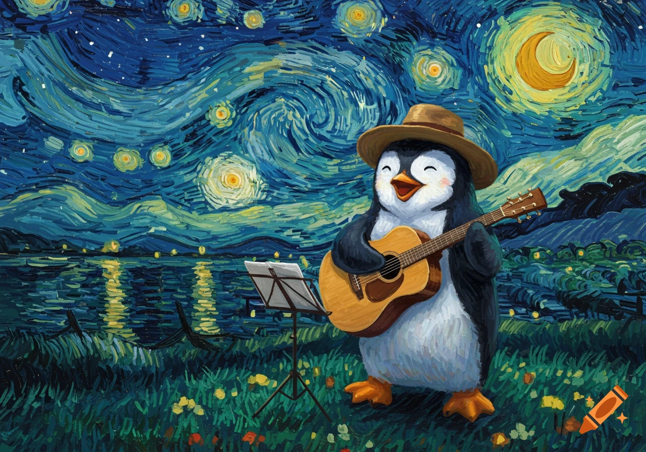 A happy penguin wearing a hat plays a guitar at night in a field by a lake, painted in the swirling, starry style of Van Gogh.