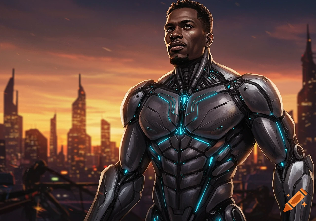 A Black man in a dark grey futuristic robotic suit with glowing blue accents stands against a vibrant orange and purple sunset sky over a futuristic cityscape.