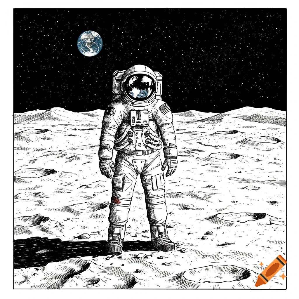 Black and white line drawing of an astronaut standing on the moon with Earth visible in the background.