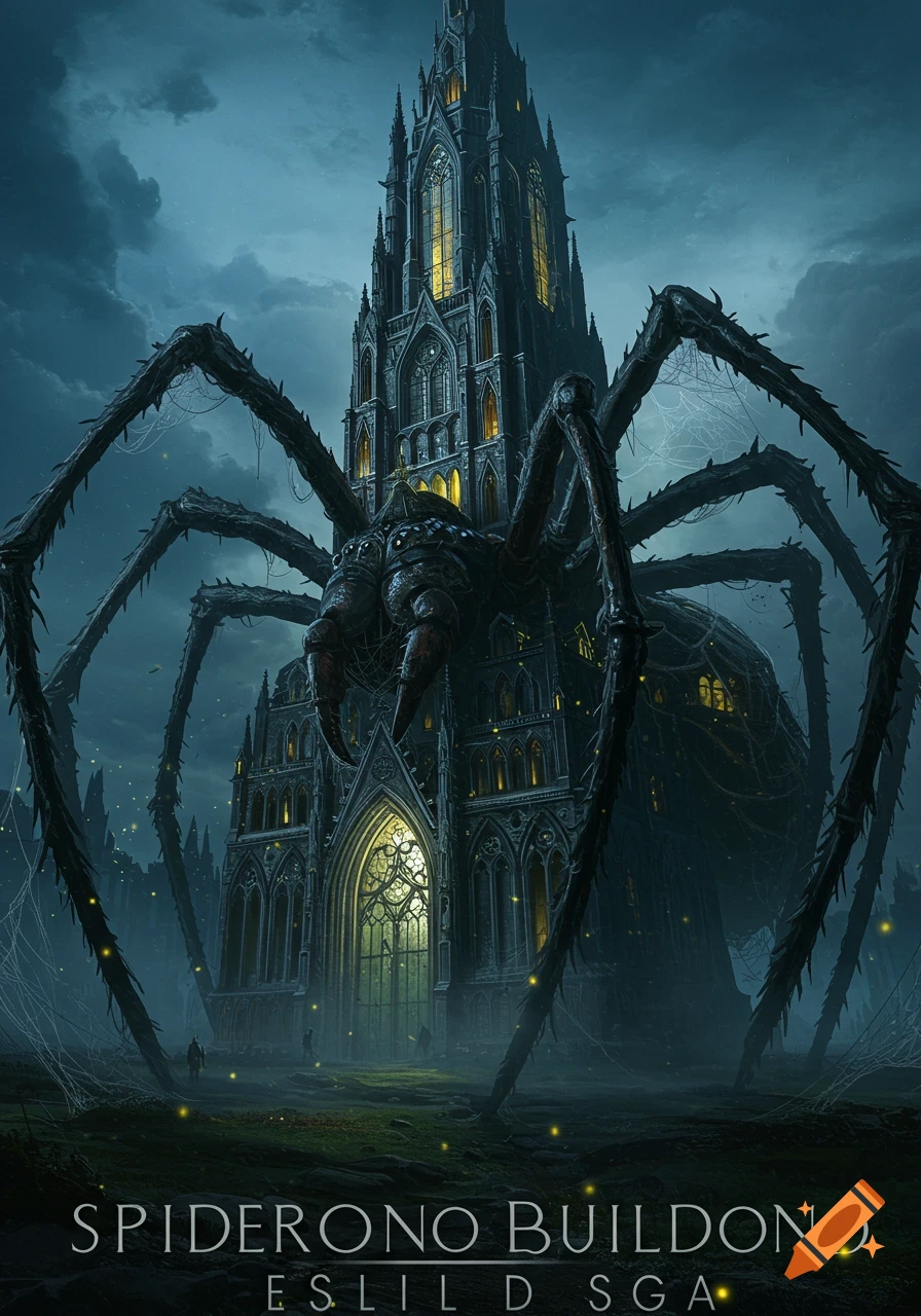 A dark gothic cathedral-like building with glowing windows, integrated into the body of a giant spider, standing under a cloudy, atmospheric sky.